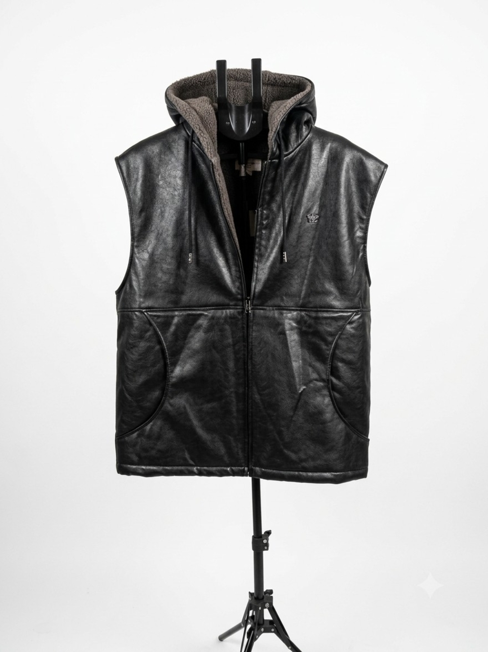 Black Leather Sleeveless Hooded Vest with Sherpa Lining
